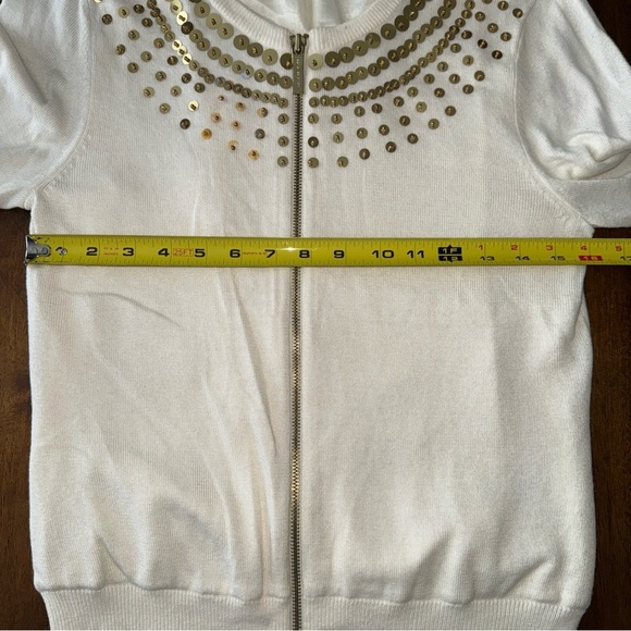 Michael Kors Cardigan Sweater Gold Sequin Cream Cotton Lined Zip Front S / P - Picture 7 of 11
